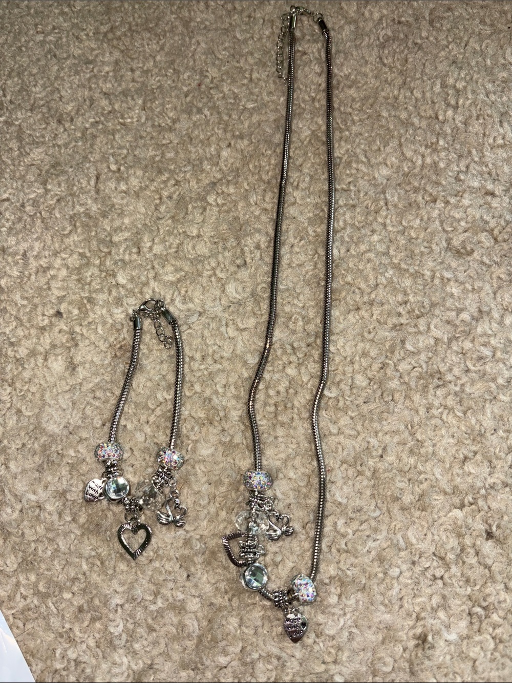Silver-Tone Heart Charm Necklace and Bracelet Set with Sparkling Beads